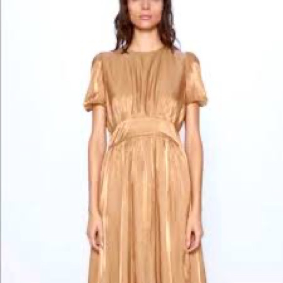 Zara Dresses Zara Copper Bronze Gold Midi Dress Puff Sleeve Zip